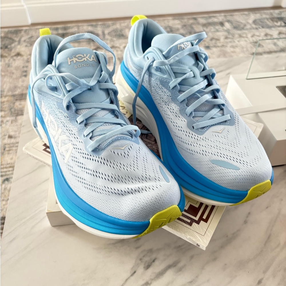 Hoka Mens NEW Light Blue and Neon Yellow Athletic Shoes